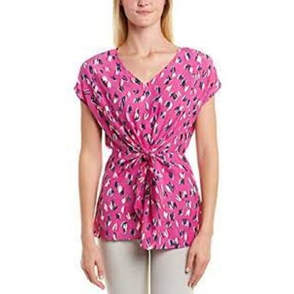 NIC+ZOE Cool Cat Printed V Neck Short Sleeve Blouse Size Large - Picture 9 of 9